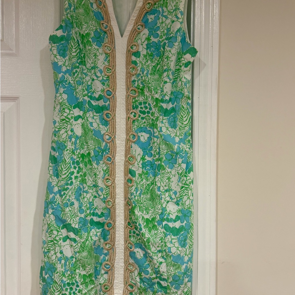 Lilly Pulitzer Size 4 Green & Aqua Floral Braided-Trim Midi Dress